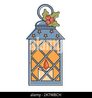 Paesaggio interno Lanterna di Natale con candela, illustrazione vettoriale a colori in stile cartone animato Illustrazione Vettoriale