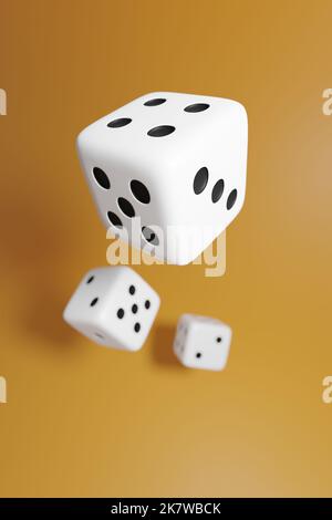 Dadi su sfondo giallo. Casinò, scommesse, dipendenza da gioco, concetto di fortuna e casuale, 3D render Foto Stock