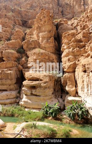 Wadi Shab, Tiwi, Oman: Bel canyon panoramico vicino a Muscat Foto Stock