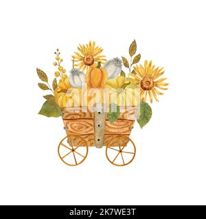 Wagon di legno acquerello con zucca, girasole e foglie autunnali. Illustrazione autunnale per il giorno del Ringraziamento e Halloween. Raccolto, coltivazione. Foto Stock