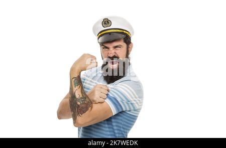 Muscoli forti. Spirito marinaio. Marinaio beared isolato su bianco. Marinaio o marinaio con barba lunga e baffi. Lavorare come marinaio. Marinaio professionista Foto Stock