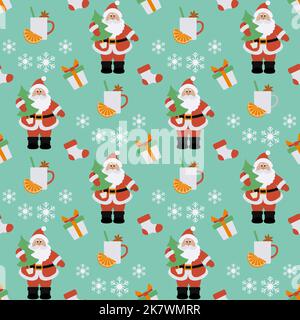 Felice anno nuovo 2023, buon Natale senza cuciture modello Vector illustrazione Babbo Natale con albero di Natale, regali, calza di Natale, fiocchi di neve. Inverno h Illustrazione Vettoriale