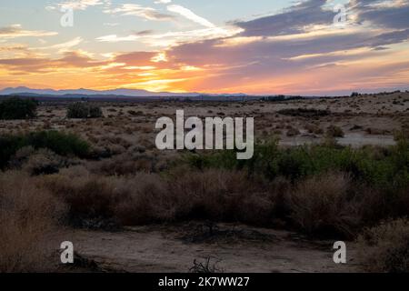 Tramonto nel deserto della California meridionale vicino alla città di 29 palme, vicino al parco nazionale Joshua Tree, USA Foto Stock