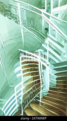 Scala a chiocciola surreale. Come un'illusione ottica, questa scala conduce alla riflessione. Concetto di psiche. Vettore in basso poli Art. Illustrazione Vettoriale