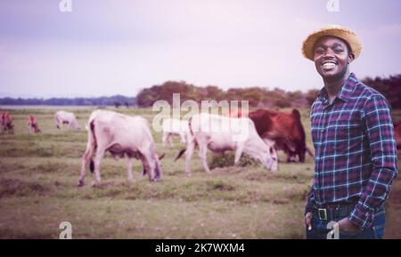 Il pastore africano controlla una mandria di mucche che stanno pascolando Foto Stock