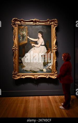 Londra, Regno Unito. Stampa Anteprima per scoprire Manet & Eva Gonzales. La prima mostra britannica ideata intorno al ritratto di Eva Gonzales (1870) di Edouard Manet (1832-1883). Questa è la prima di una nuova serie di mostre 'Discovery' che verranno allestite nella sala Sunley della National Gallery per esplorare dipinti famosi attraverso una lente contemporanea. Foto Stock