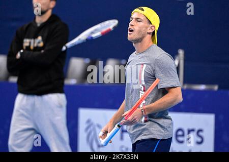 Anversa, Belgio. 19th Ott 2022. L'illustrazione mostra l'argentino Diego Schwartzman raffigurato in azione durante una sessione di pratica durante il torneo europeo Open Tennis ATP, ad Anversa, mercoledì 19 ottobre 2022. BELGA PHOTO LAURIE DIEFFEMBACQ Credit: Belga News Agency/Alamy Live News Foto Stock