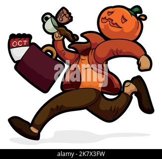 Headless Jack-o-Lantern che si asciuga per essere in tempo per la celebrazione di ottobre con una tazza di caffè, pane morso e valigia aperta. Illustrazione Vettoriale