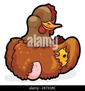 Scena tenera di madre gallina, prendendosi cura dei suoi pulcini sotto la sua ala e curandosi anche del suo nuovo uovo. Illustrazione Vettoriale