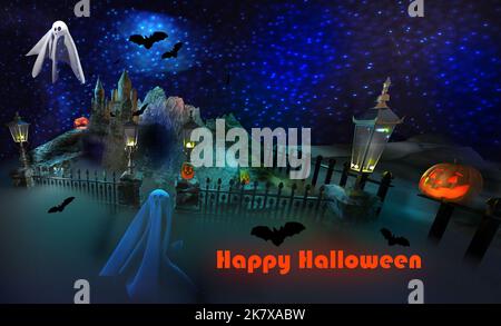 Sfondo di Halloween. Notte spettrale al cimitero con fantasmi, vecchio castello e pipistrelli volanti. Buon testo di Halloween. Foto Stock