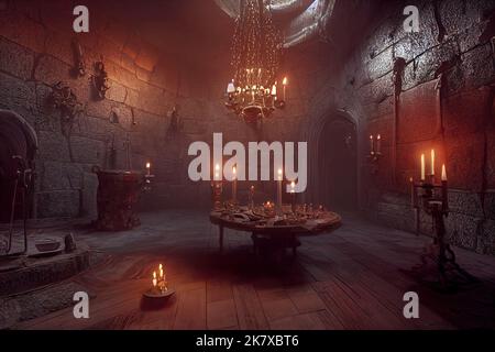 Una sala interna di un castello di vampiro della Transilvania di epoca vittoriana. Un tavolo nel soggiorno con sedie e candele in Transilvania. 3D Foto Stock