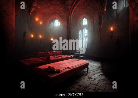 Un attraente castello della Transilvania e stanza vittoriana decorata con candelieri è la scena per i giochi in un'atmosfera gotica inquietante su Halloween. 3D Foto Stock