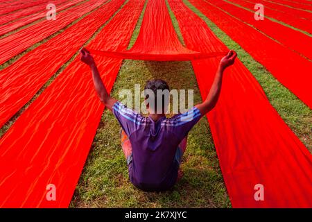 Narsingdi, Dhaka, Bangladesh. 19th Ott 2022. Centinaia di metri di tessuti rossi luminosi sono disposti in file ordinate attraverso un campo a Narsingdi, Bangladesh. Conosciuta come ''Lal Shalu'' per la gente del posto, le lunghe salviette rosse sono allestite per asciugarsi sotto il sole caldo, essendo state tinte con colore rosso brillante. L'uso della luce solare per asciugare i tessuti riduce i costi di produzione in quanto è più economico e sostenibile. Il metodo di essiccazione ecocompatibile si estende su un'area pari a 5 campi da calcio e richiede fino a 6 ore per essere completato dopo essere stato messo dai lavoratori all'alba. Il panno, che vende per meno di 10 GBP, è utilizzato Foto Stock