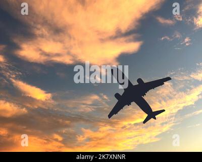 Silhouette di un passeggero che cimbing dopo il decollo contro un cielo tramonto. Nessuna gente. Spazio di copia. Foto Stock