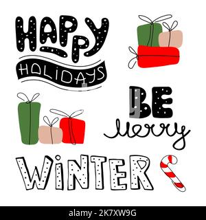 Set di elementi di buon Natale, citazione scritta INVERNO, ESSERE ALLEGRO, BUONE VACANZE, regali e caramelle. L'illustrazione del vettore xmas nell'arte disegnata a mano Illustrazione Vettoriale