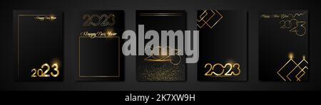 Set cards 2023 Happy New Year gold texture, Golden Luxury nero sfondo moderno, elementi per calendario e biglietti di auguri o Natale a tema inverno Illustrazione Vettoriale