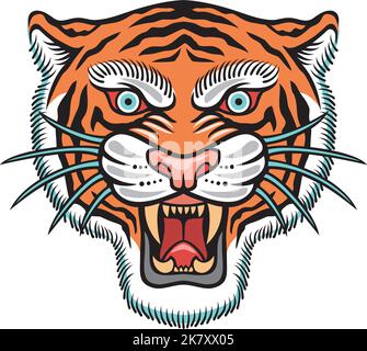 Testa di tigre tradizionale. Disegno del tatuaggio della vecchia scuola. Gatto selvatico asiatico. Illustrazione vettoriale. Illustrazione Vettoriale