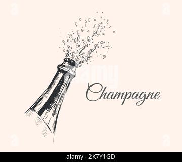 Illustrazione disegnata a mano dell'esplosione di champagne. La bevanda alcolica si spruzzi con bolle. Illustrazione Vettoriale