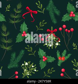 Tradizionale cartolina aziendale con albero di Natale, renne, cornici floreali ornate, sfondo. Un modello di rami, foglie e bacche Foto Stock