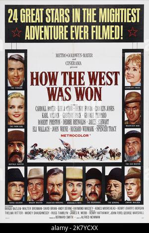 Gregory Peck, Richard Widmark, James Stewart & Carroll Baker Movie Poster Film: How the West was won (USA 1962) Regione: John Ford, Henry Hathaway, George Marshall, Richard Thorpe, regista: Hathaway,Ford,Marshall,Thorpe 01 novembre 1962 **AVVERTENZA** questa fotografia è solo per uso editoriale ed è copyright di MGM e/o del fotografo assegnato dalla Film o dalla Production Company e può essere riprodotta solo da pubblicazioni in concomitanza con la promozione del film di cui sopra. È richiesto un credito obbligatorio a MGM. Il fotografo deve essere accreditato anche quando è noto. Nessun uso commerciale può b Foto Stock