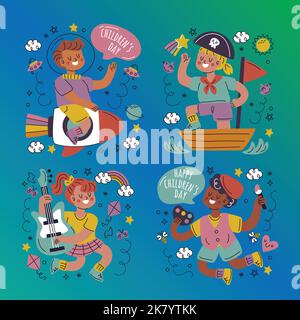 doodle disegnata a mano bambini s giorno set di adesivi vettore disegno illustrazione Illustrazione Vettoriale