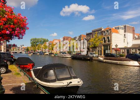 Vista pittoresca della città olandese di Leiden divisa dai canali in estate Foto Stock