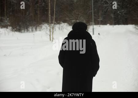 Donna cammina attraverso il parco in inverno. Il pensionato cammina in inverno. Dettagli della passeggiata nelle giornate fredde. Foto Stock