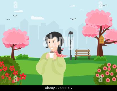 Cartolina con paesaggio rurale primaverile. Alberi e fiori, campi e un fiume, case e un mulino. Illustrazione Vettoriale