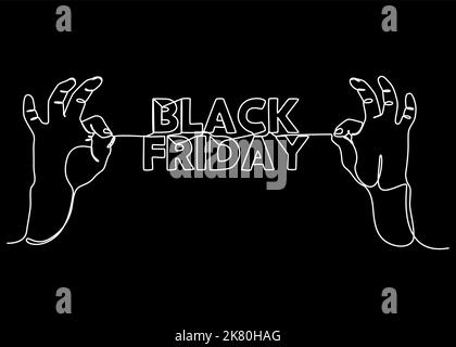 Una linea continua di due mani che tengono una stringa con la parola del Black Friday. Concetto di vettore di illustrazione a linea sottile. Disegno di contorno idee creative. Illustrazione Vettoriale