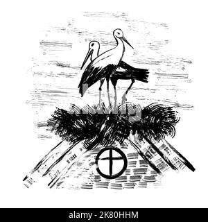 Illustrazione disegnata a mano di due cicogne nel nido sul tetto. Uccello famiglia animale specie amore casa simbolo. Design bianco monocromatico con linea nera, elegante poster creativo con stampa minimalista a inchiostro Foto Stock