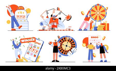 Persone che giocano al casinò e giochi d'azzardo set isolato. Il concetto di gioco d'azzardo con i caratteri maschili e femminili spin roulette, slot machine, poker e lottery giochi di fortuna, lineare vettore piatto illustrazione Illustrazione Vettoriale