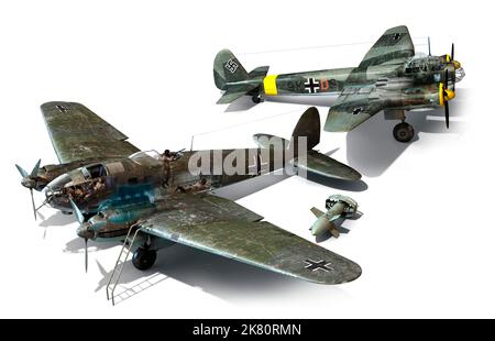 Due bombardieri medi usati dalla Germania durante la battaglia della Gran Bretagna, il He111 e il Ju88 Foto Stock