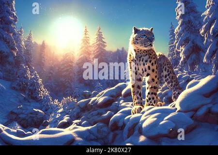 Vista frontale di un fiero leopardo di neve che si erge al tramonto in una catena montuosa coperta di neve dell'Asia. leopardo bianco o oncia, che abita Central e. Foto Stock