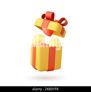 3d scatola di regali realistici, palloncini di elio cadenti, Illustrazione Vettoriale