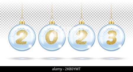 Numeri 2023 da glitter d'oro in palle trasparenti di Natale, decorazioni ad albero. Layout festivo per striscioni, poster, biglietti d'auguri nel nuovo anno. Illustrazione Vettoriale