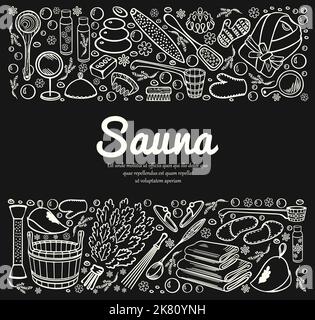 Sauna, SPA e accessori da bagno. Schizzo di elementi in stile doodle. Decorato su entrambi i lati orizzontalmente con spazio per il testo. Sfondo Bhite. Vettore i Illustrazione Vettoriale