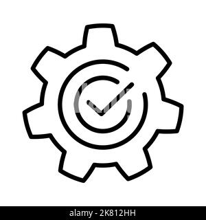 Ruota dentata con l'icona a forma di segno di spunta in FLAATE Gear con il segno di spunta in cerchio simbolo di processo riuscito sul segno bianco di successo con il segno di aggiornamento COG, tecnologia, engi Illustrazione Vettoriale