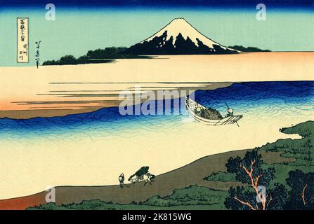 Giappone: «il fiume Tama nella provincia di Musashi». Ukiyo-e stampa in blocco della serie «trentasei viste del Monte Fuji» di Katsushika Hokusai (31 ottobre 1760 - 10 maggio 1849), c.. 1830. «36 viste del Monte Fuji» è una serie di grandi stampe a blocchi di legno realizzate dall’artista Katsushika Hokusai. La serie raffigura il Monte Fuji in stagioni e condizioni meteorologiche diverse da una varietà di luoghi e distanze. Si compone di 46 stampe create tra il 1826 e il 1833. I primi 36 sono stati inclusi nella pubblicazione originale e, per la loro popolarità, altri 10 sono stati aggiunti in seguito. Foto Stock