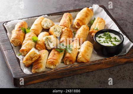 Borek è una pasta turca con ripieno salato di formaggio e spinaci closeup sul tavolo di legno. Orizzontale Foto Stock