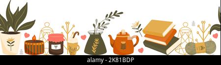 Design del bordo con motivo invernale e autunnale. Carino e accogliente vettore senza cuciture banner ripetizione. Illustrazione di sciarpe, muffole, caffè, bosco d'inverno f Illustrazione Vettoriale