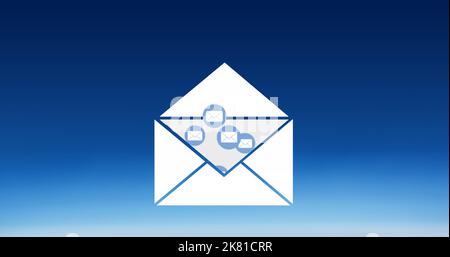 Immagine delle icone dei messaggi su una busta aperta su sfondo blu, spazio di copia Foto Stock