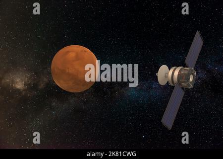 Un rendering 3D del pianeta Marte e una navicella spaziale nello spazio Foto Stock
