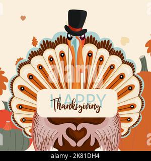 Poster per il personaggio del giorno del Ringraziamento. Vacanze autunnali con cena in famiglia. Turchia. Illustrazione Vettoriale