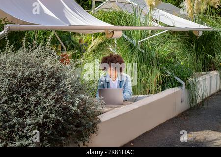 Giovane ragazzo sorridente di etnia 20 anni, vestito in abiti casual, lavora su un computer portatile all'aperto, in una zona verde in natura. Spazio verde aperto per Foto Stock