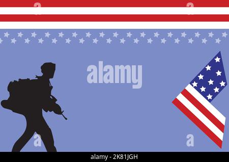 Spazio copia giorno Veterans. Honoring tutti coloro che hanno servito. Lettera V logo con bandiera USA e soldati come simbolo di veterani.bandiera USA disegno per il Memorial Day Illustrazione Vettoriale