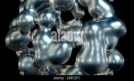 3D rendere astratto oggetto artistico surreale basato su sfere metaboliche nel processo di fusione. Morphing fluido. Dispersione, fusione e traboccamento Foto Stock
