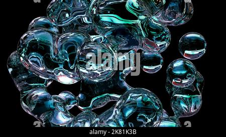 3D rendere astratto oggetto artistico surreale basato su sfere metaboliche nel processo di fusione. Morphing fluido. Dispersione, fusione e traboccamento Foto Stock