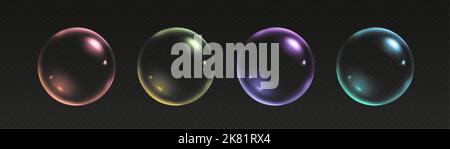 Bolle di sapone realistiche con riflessi arcobaleno, colorate sfere di vetro iridescenti Illustrazione Vettoriale
