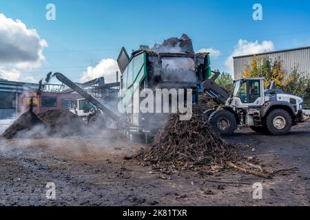 Impianto di compostaggio, biowaste è compostato, ordinato per taglia, parti più piccole sono riutilizzate come compostaggio, parti più grossolane sono bruciate in una pianta di potere di biomassa e co Foto Stock