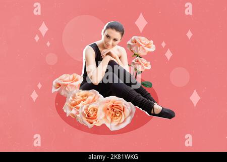 Disegno creativo collage immagine di elegante bella donna tenera ballerina seduto fiori rose sentire pace freschezza fantasia Foto Stock